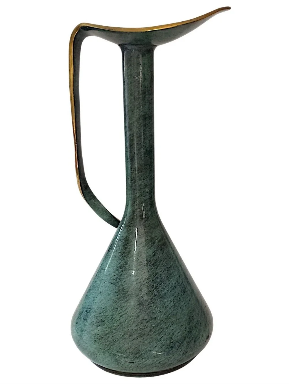 Vintage Pal Bell Brass Ewer Pitcher Israel Green Enamel MCM Modernist Freeform